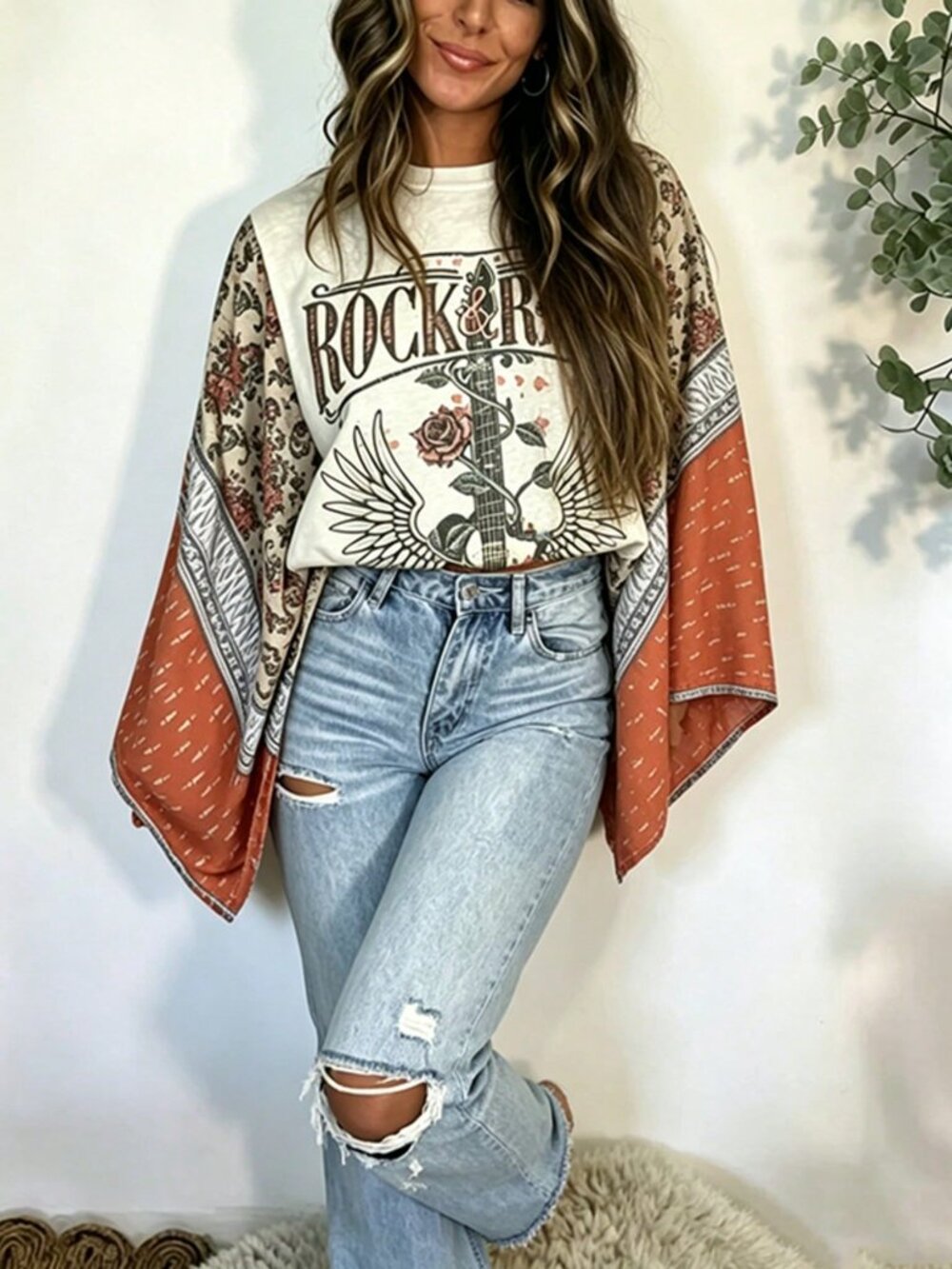 Orange Casual Women's Loose Fit Batwing Sleeve Round Neck Graphic Printed Top - Picture 4 of 6
